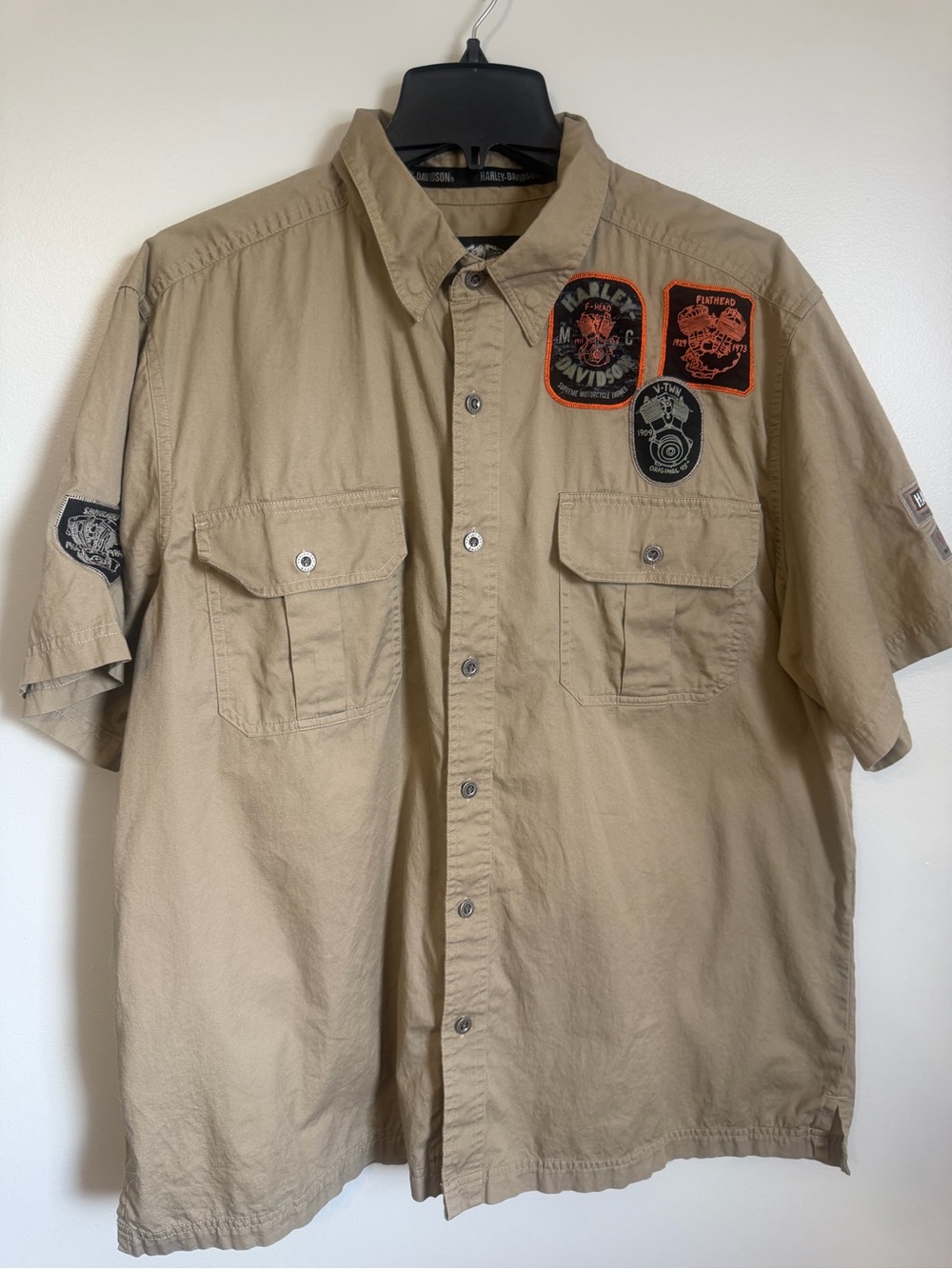Harley-Davidson Men's Tan Brown Short-Sleeve Patch Button Up shirt size XL